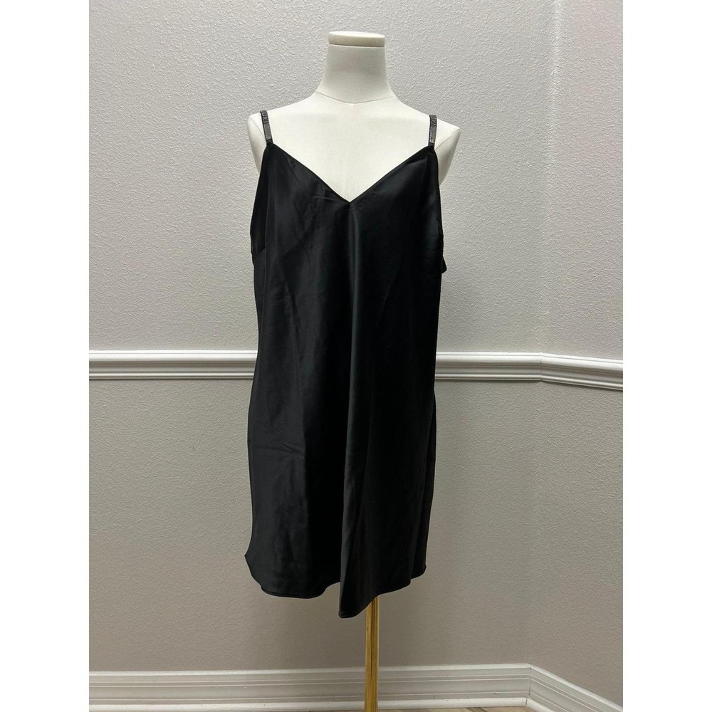 NWT Victoria's Secret Black Satin Rhinestone Logo Strap Slip Dress Chemise XL